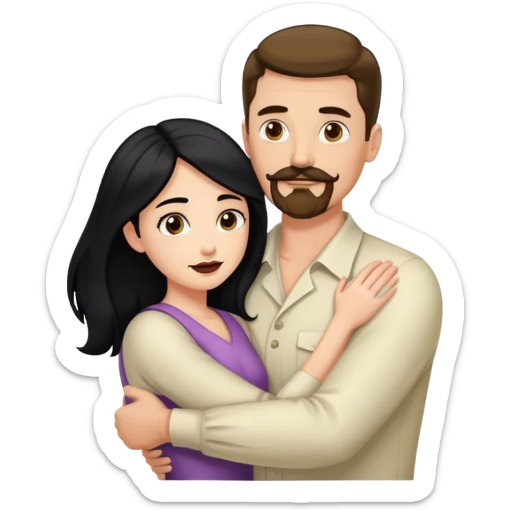 Tall white man with brown mustache goatee AND a short pale woman with long black hair, hugging sticker
