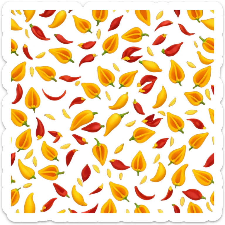 loose scatter of crushed red chili flakes, irregular shapes, deep crimson to dark orange tones, some pieces with tiny yellow seeds, dry slightly rough surface, spicy, apple emoji style, soft lighting, subtle shadows, transparent background, emoji scale sticker