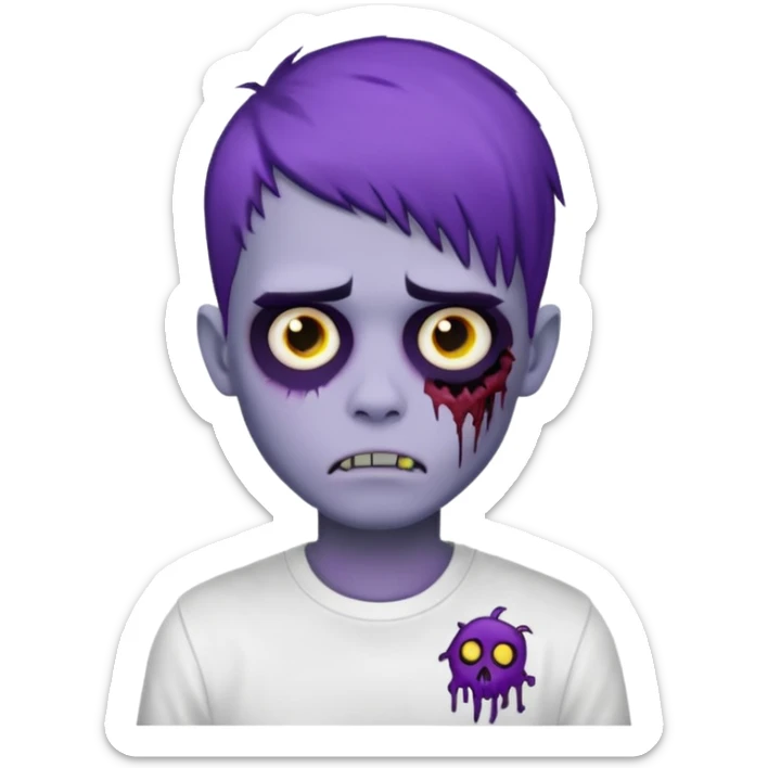 zombie boy with emo hair and white shirt, purple skin sticker