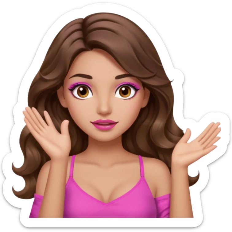 girl with long wavy brown hair, brown eyes, long lashes makeup, sexy pink lips, light to medium complexion, pink sexy top, two hands up shrugging sticker
