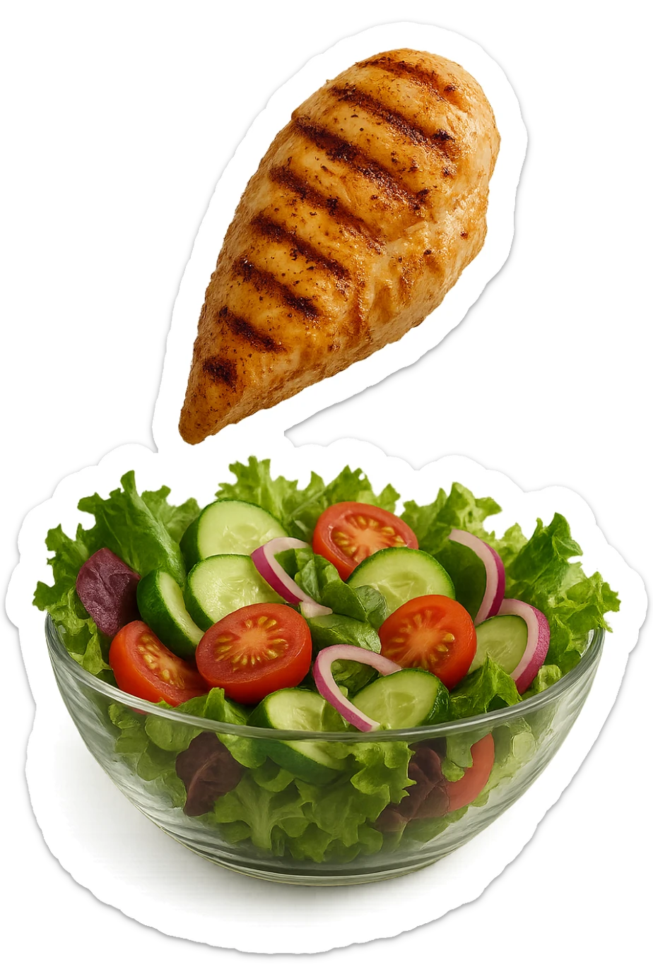 INSALATA CON PETTO DI POLLO GRIGLIATO CHE CADE DALL'ALTO, IPERREALISTICO 4K sticker