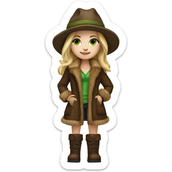 Realistic White girl with Long straight blonde hair, green eyes, tattoos, full body wearing Brown fur coat and fur hat and Brown leather boots, walking sticker