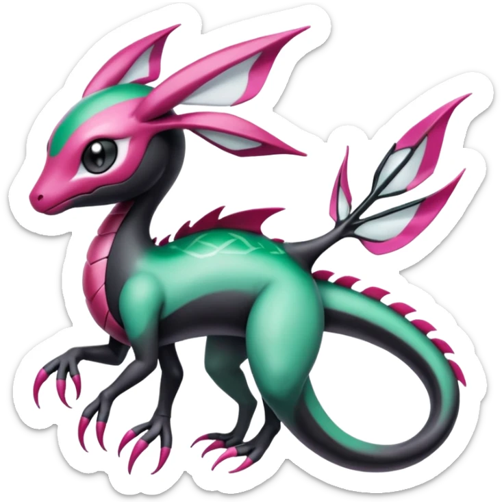 Magenta-black-white-gradients Meloetta-Rayquaza-Gorebyss-Salandit-Pokémon-Fakémon-creature-fusion-hybrid sticker