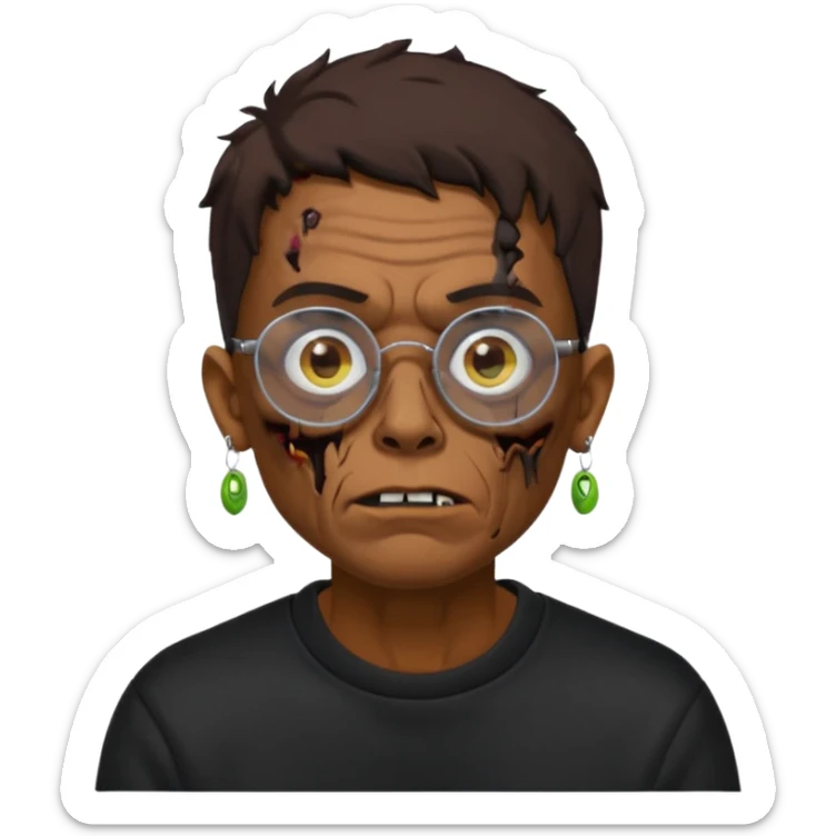 Chico moreno zombie, con gafas y sudadera negra, dos aretes en la oreja izquierda y dos en la derecha, ojeras en los ojos y sticker