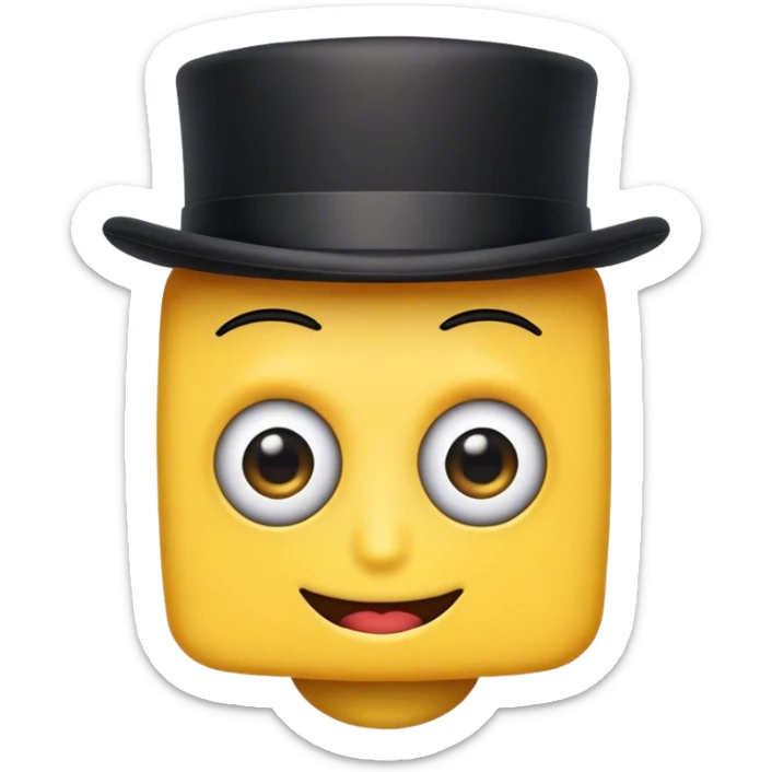 this is an emoji with yellow skin. with blocky head. with big eye and big mouth. and a black top hat. sticker