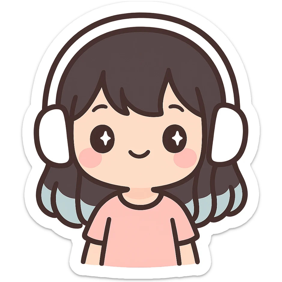 girl with medium black hair with blue tips wearing white headset, kawaii style sticker