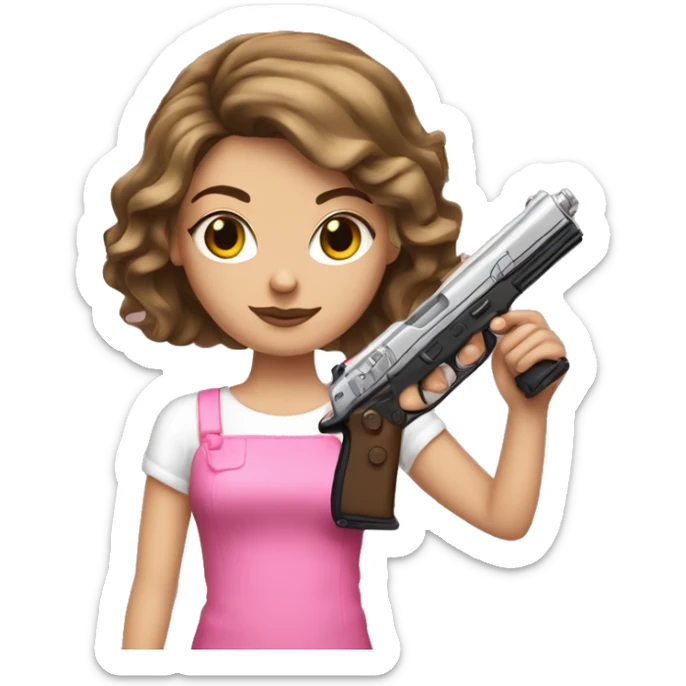 White Girl brown hair hand pink nails holding pink gun sticker