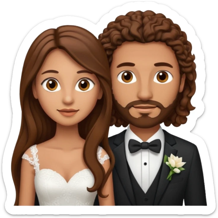 wedding couple woman with long straight brown hair and eyes man with long brown curly hair and facial hair sticker