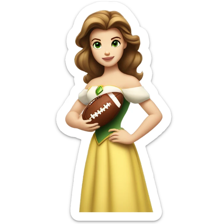 White Disney princess Belle with green eyes holding a football that has a #1 on it sticker