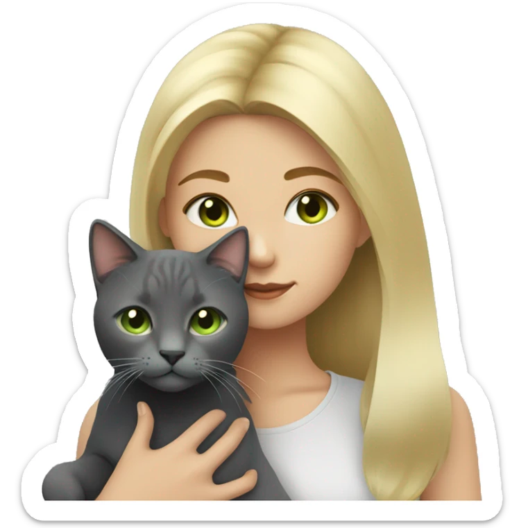 Girl with blonde hair and hazel eyes holding a dark grey cat with light green eyes sticker