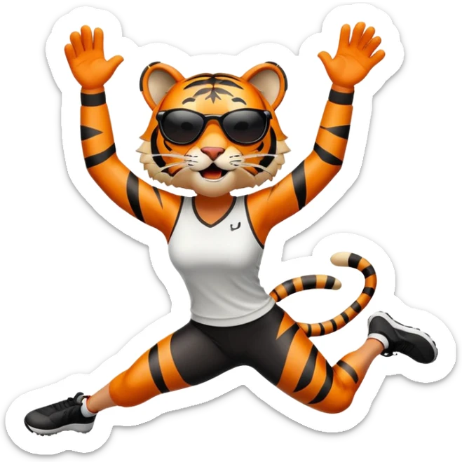 female energetic anthropomorphised tiger in sports clothes, wearing dark sunglasses, jumping with excitement, arms raised sticker