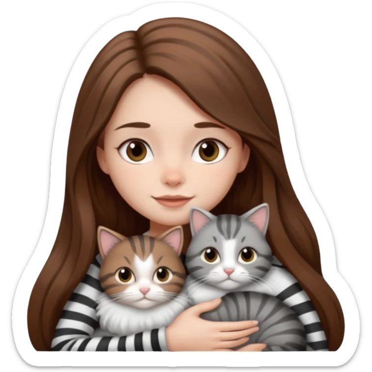 pretty girl with long brown hair snuggling 3 cats: grey and white, brown striped and black and white sticker