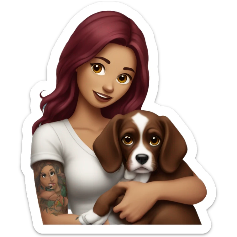 Beautiful tattooed  burgundy long haired woman holding a boxer puppy sticker