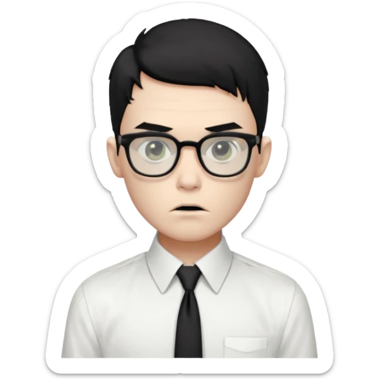 zombie boy black hair e cabelo curto quase careca com camisa social branca e gravata preta, com oculos de grau quadrado sticker