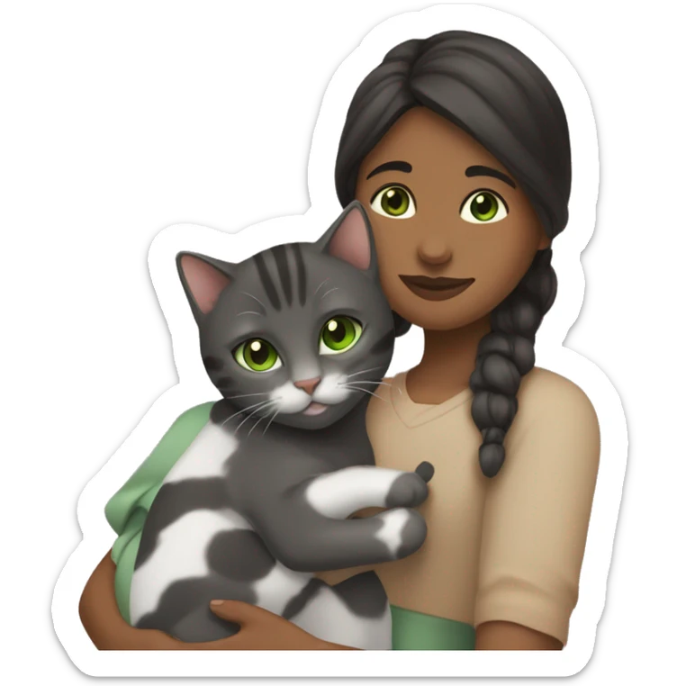 (one brownskin girl with brown eyes and black hair) cuddling (one gray tabby cat with green eyes) sticker