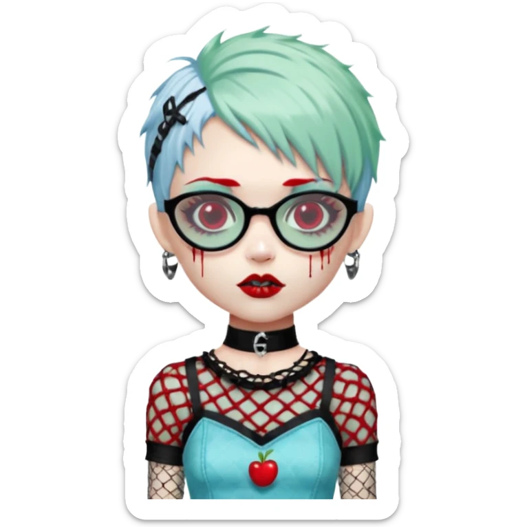 White hair, Ghoulia yelps monster high doll in scene/emo style cherry print dress with fishnet sleeves, clothes, thin, small, red, rectangle glasses, pale white-blue skin, pale-green shaggy pixie-cut , zombie scars , boy, punk choker sticker
