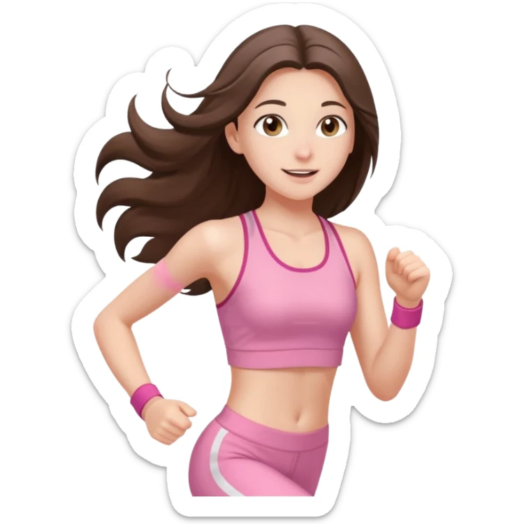 white happy brunette teen long hair with hazel eyes in light pink workout clothes jogging through finish line sticker