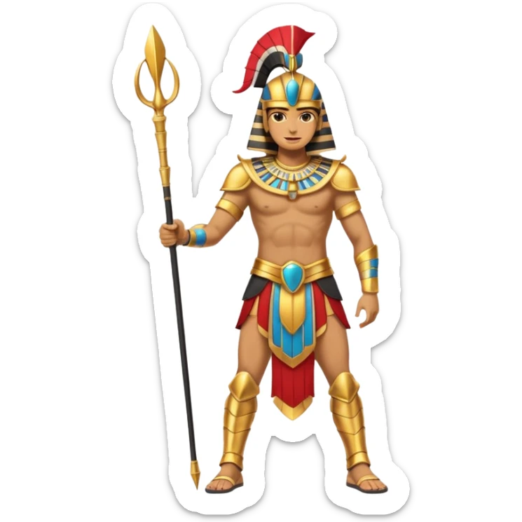 fullbody egyptian ancient soldier with spear and golden armor, only gold colors, no red or blue, action stance sticker