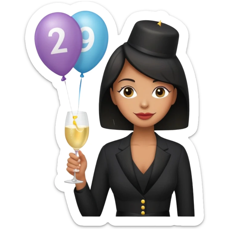 Emoji-style illustration of a funny woman in black funeral outfit holding a prosecco glass, balloon with number 29, ironic birthday funeral theme, playful expression, flat emoji design, pastel tones, high resolution sticker