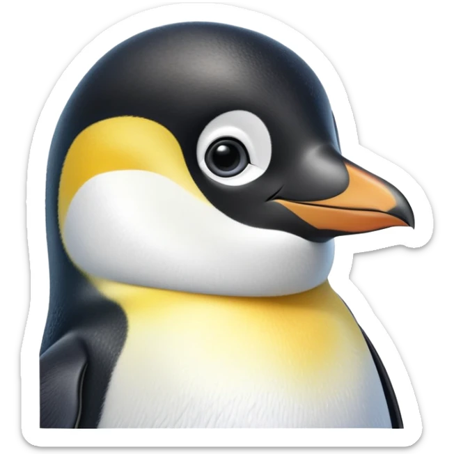 cinematic-cute-emperor-penguin-portrait-emoji,-head-tilted-playfully-and-inquisitively,-with-glossy,-pristine-plumage-accented-by-a-bright-beak-and-round,-sparkling-eyes-filled-with-curiosity,-simplified-yet-irresistibly-adorable-features zoomed into the face sticker