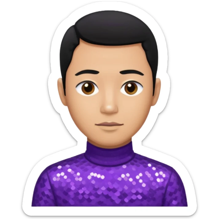 Jeff Fatt from The Wiggles with black hair, purple sequin skivvy shirt sticker