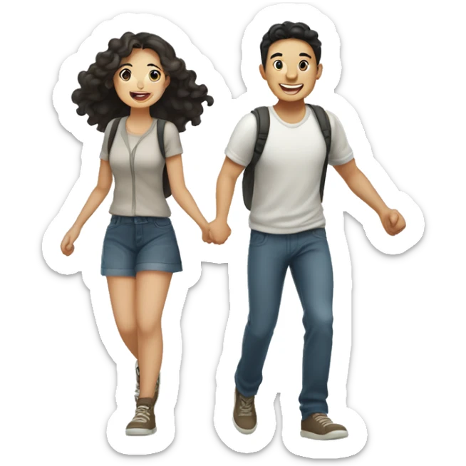 Cute Asian couple (girl with curly long hair guy with short straight hair) excitedly traveling  sticker