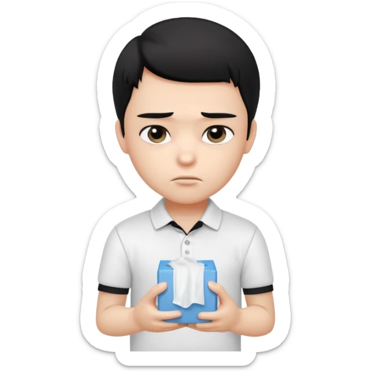 generate a pretty bratz boy with black hair, wearing a white polo shirt. Looking sad, holding a box of tissues sticker