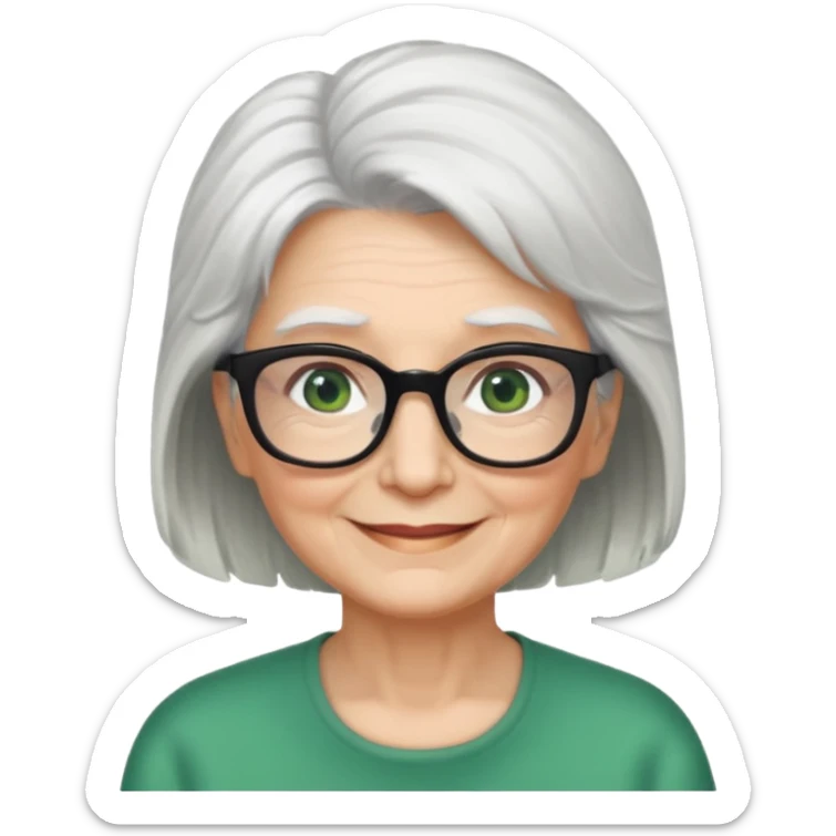 White hair grandma, green eyes, hair to shoulder, lokeg black glasses, rectangles face, smile , sticker