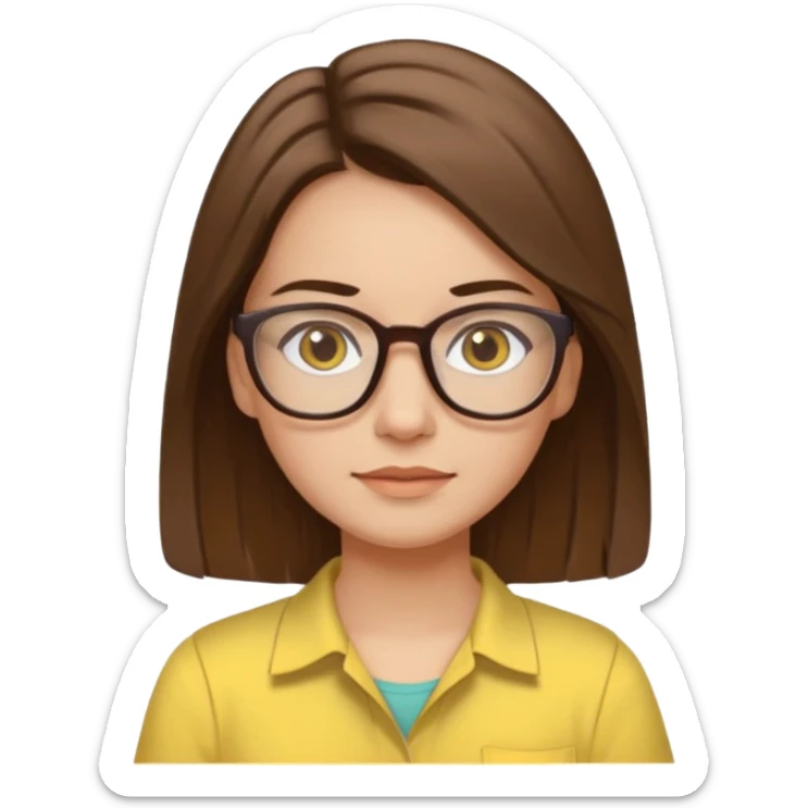Hawaii female with white skin. Shoulder length straight brown hair. Brown eyes with glasses. Female wearing baby yellow shirt. sticker