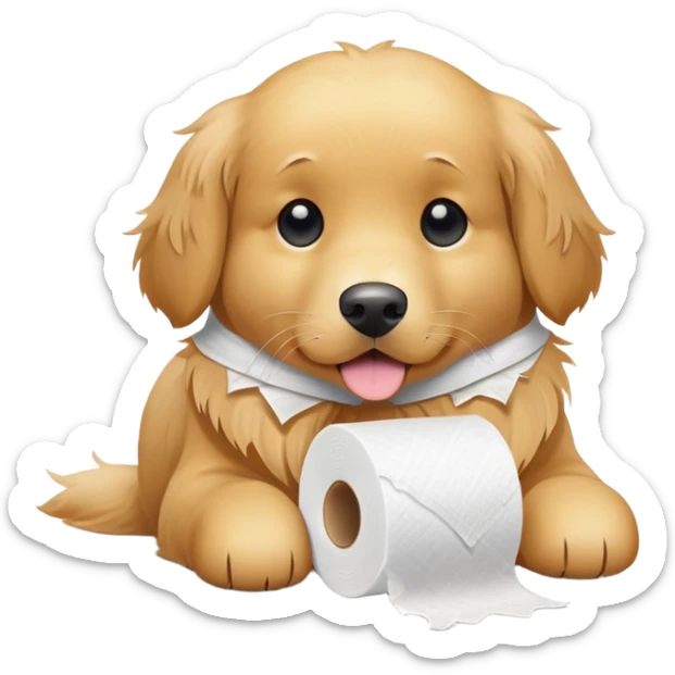 A sweet golden retriever with a roll of shredded toilet paper sticker