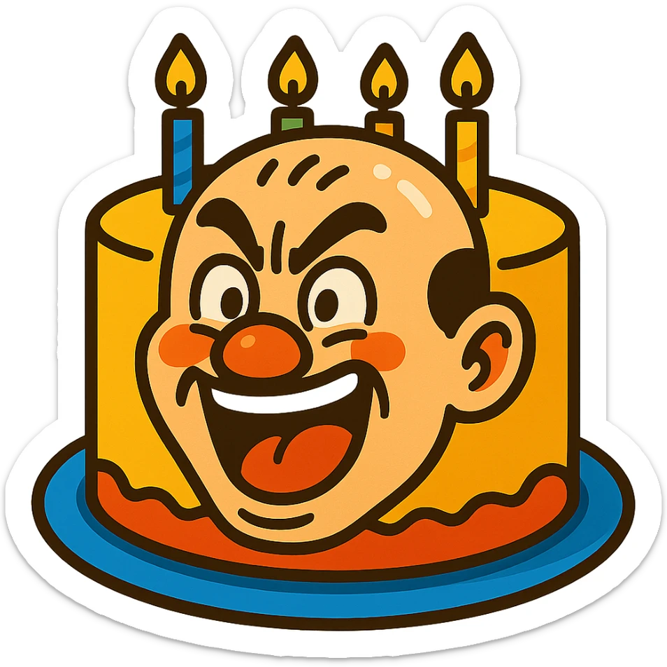cartoon style cake shaped like the face of Bald Qiang with a vivid expression, bright colors, suitable for celebration sticker