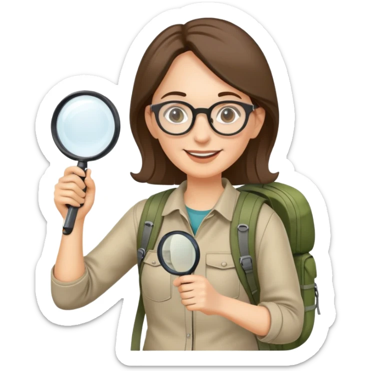 Happy woman hiker in her 40s with glasses and backpack, holding exactly one magnifying glass in one hand only sticker