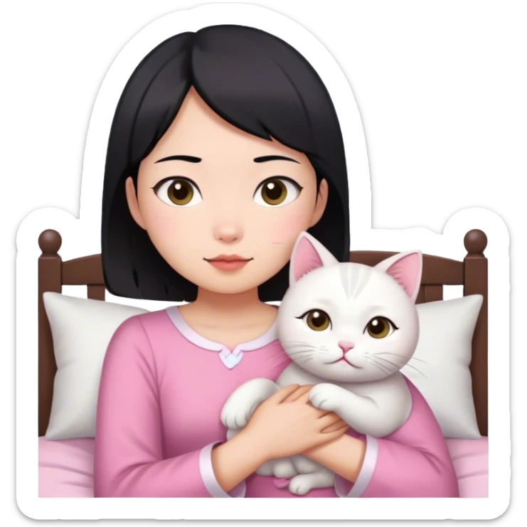 Short hair Asian girl wake up with white cat in pink dress  sticker