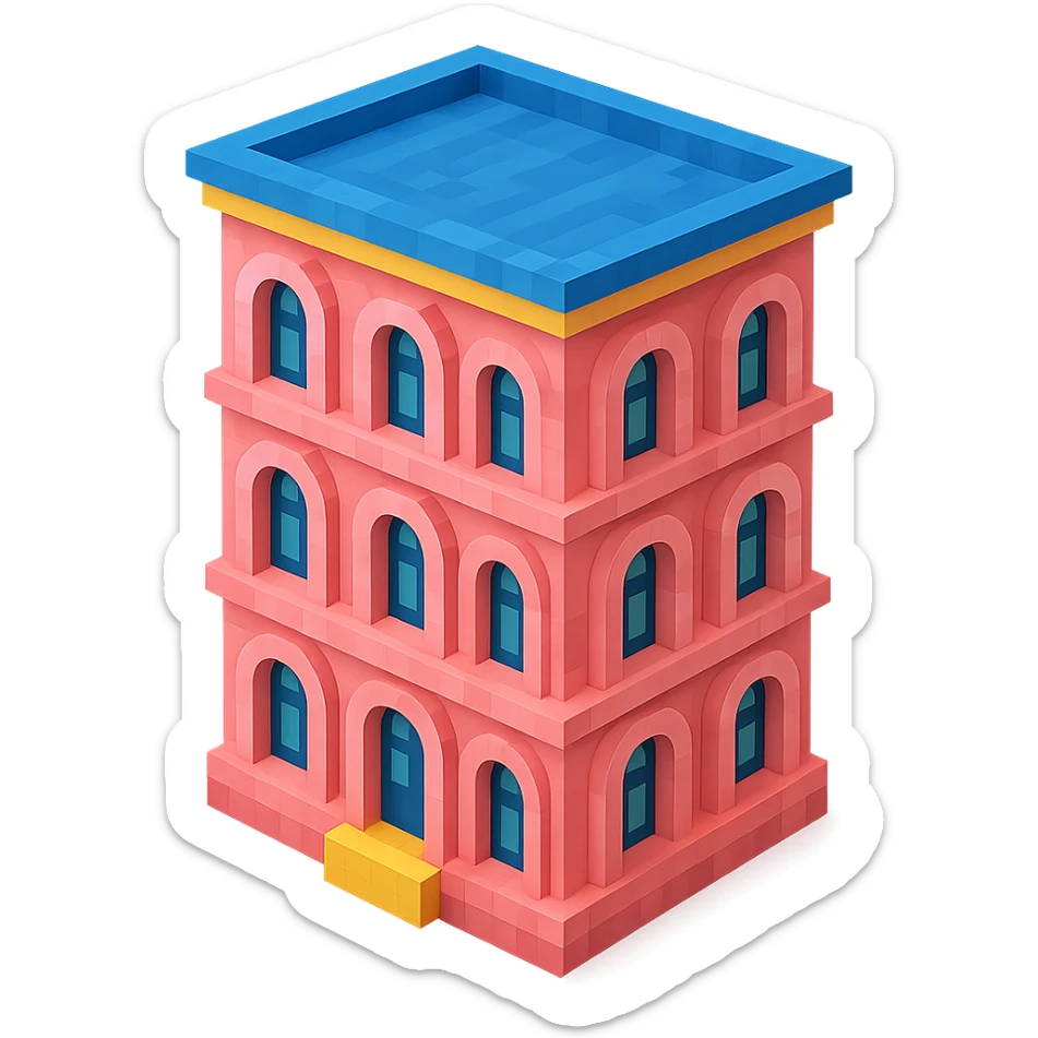 old Saint Petersburg building, pink pastel facade, arched windows, isometric view sticker