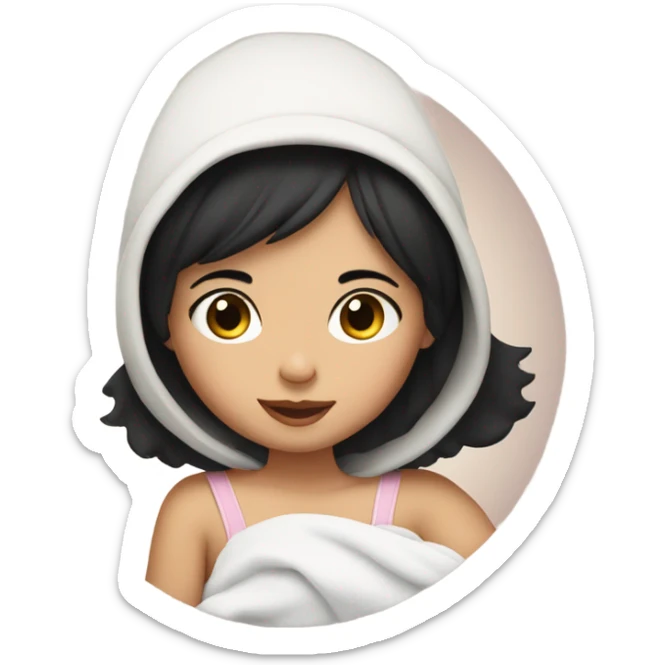 Girl with very short black hair, fair skin and brown eyes holding a baby sticker