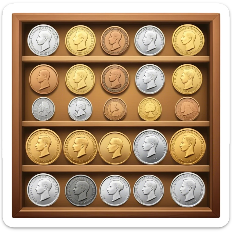 Icon for Coin Collecting: a collection of various vintage and modern coins, neatly arranged in a display case or on a table. The icon should highlight the diversity and historical value of coin collecting. Transparent background. sticker