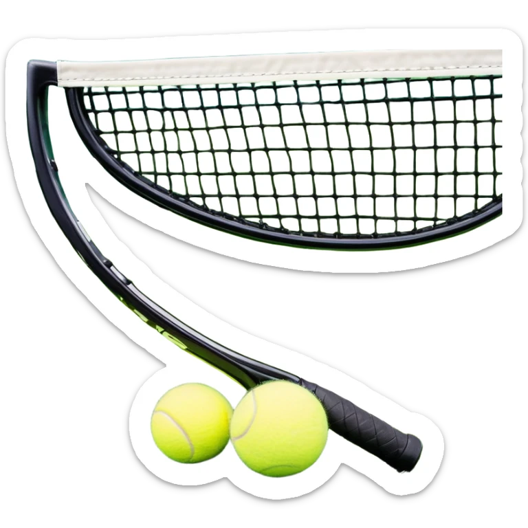 A tennis racket and ball positioned on a grass court, with the net and lines clearly visible in the background. The scene emphasizes the classic elements of the sport, capturing the energy and precision of a tennis match. sticker