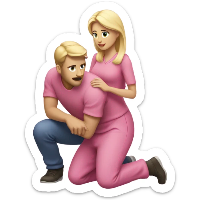 Man kneeling in front of woman standing with pink clothes and blonde hair  sticker