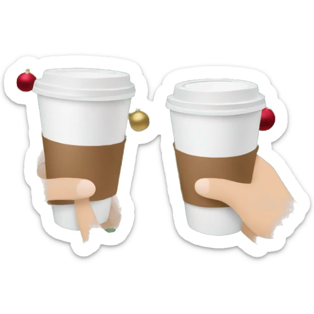 two hands holding paper coffee cups on a photo of a Christmas tree sticker