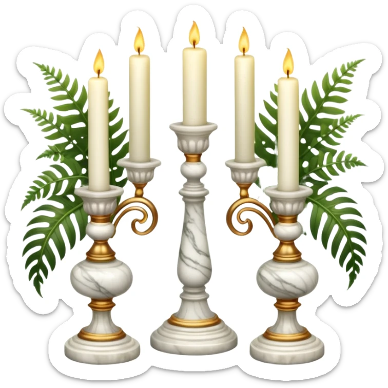 Aesthetic scenic beautiful gorgeous pretty elegant sparkly shiny scene of Candles white and with flowers and marble pedestals and lush vines and ferns sticker