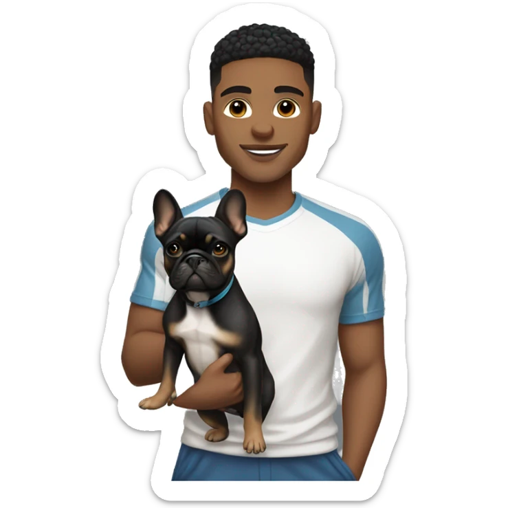 athletic light skin male with short black fade hairstyle holding a french bulldog sticker