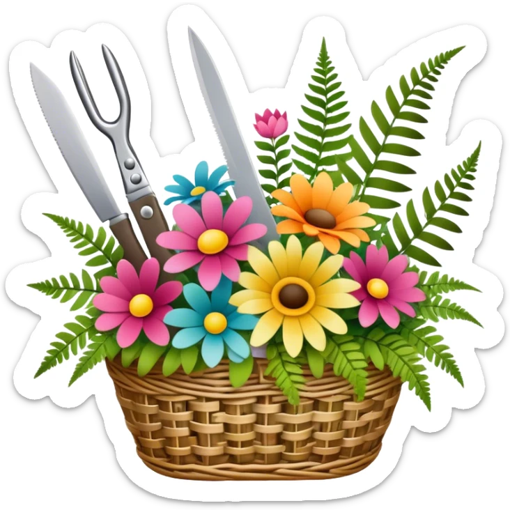 Icon for Floristry: a woven basket with flowers, reeds, ferns, bright ribbons and a small plush toy. Add big garden scissors and knife above. The icon should represent creativity in flower arrangement and decorative design. Transparent background. sticker