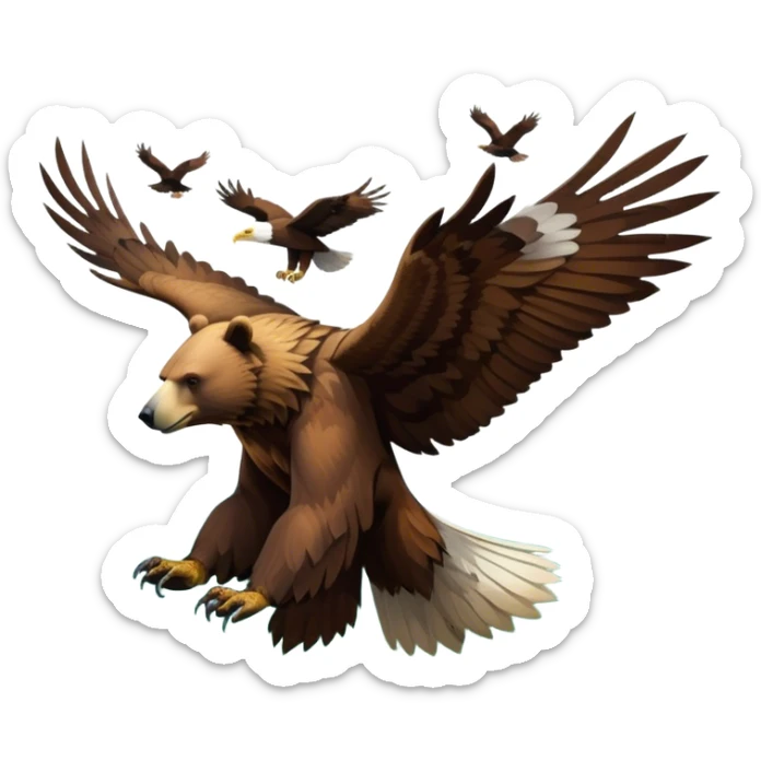 Collage of wild animals: a majestic bear in a lush green forest, a soaring eagle in the sky. A vibrant and detailed nature scene, capturing the beauty of wildlife. Transparent background. sticker