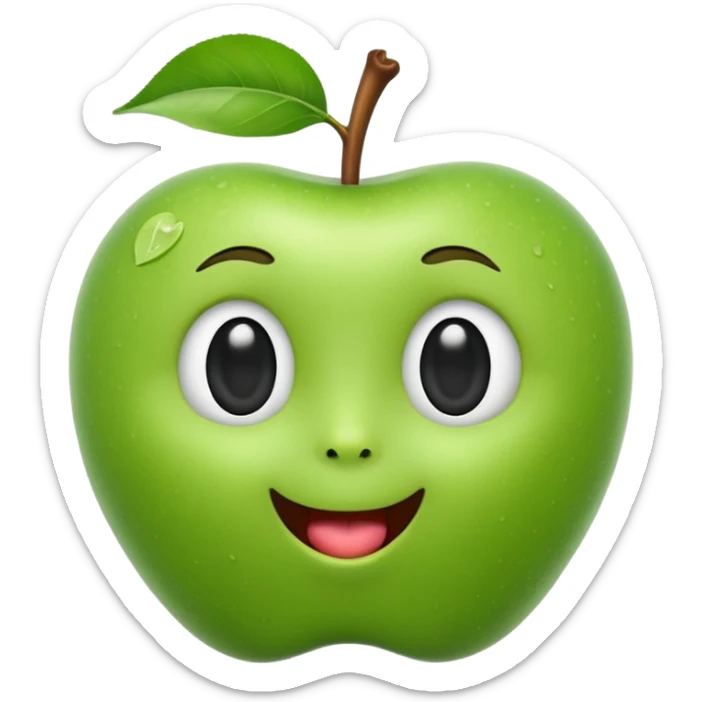 3D iOS-style emoji of a green apple with a cute human face: glossy, soft shading, big black eyes, tiny nose, open mouth with tongue, stem and leaf on top, white background sticker