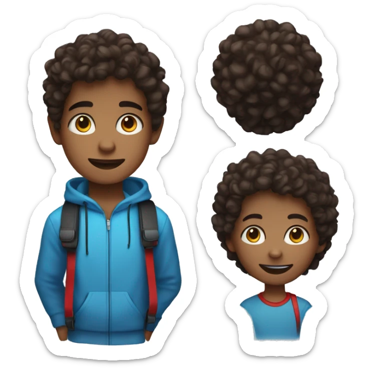 a young boy with headphones red and blue an dark brown curly hair and brown eyes and an small hoop eaing sticker