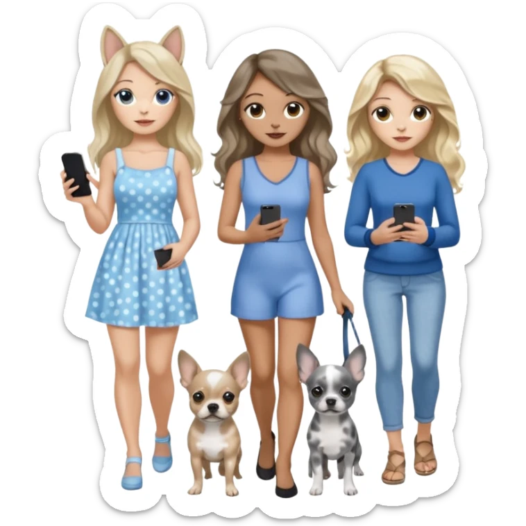 Three pretty women in beach clothes one walking a blue and gray spotted Merle Frenchie, one walking a black with tan chihuahua puppy, one holding iPhone, hazel eyed light skin with dark blonde long hair and light light skin hazel eyed long wavy brown hair, blue eyed light skin long blonde hair  sticker
