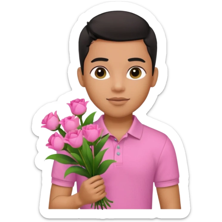 generate a pretty bratz boy wearing a pink polo shirt. Black middle part hair. handsome carrying flowers sticker