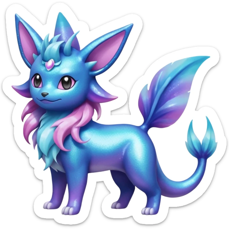 Magical pastel iridescent scaley blue-cyan-indigo-purple-violet-pink-gradients nebula shiny glittery Suicune-Vaporeon-Primarina-Amaura-Pokémon-Fakémon-fusion, full body sticker