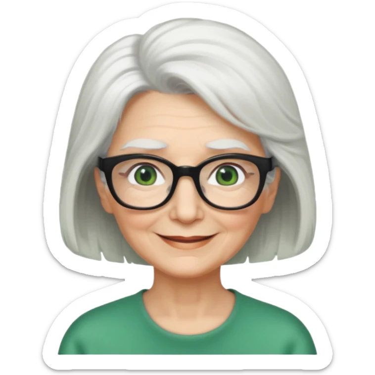 White hair grandma, green eyes, hair to shoulder, lokeg black glasses, rectangles face, smile , sticker