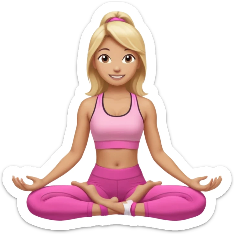 Mujer color de piel moreno claro con cabello rubio, usando un top rosa deportivo y leggins deportivo rosa en una pose de yoga, viendo hacia enfrente con ojos negros y sonriendo sin mostrar los dientes sticker